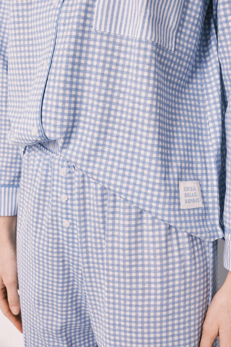 Blue cotton classic long gingham print pyjamas - Image 4