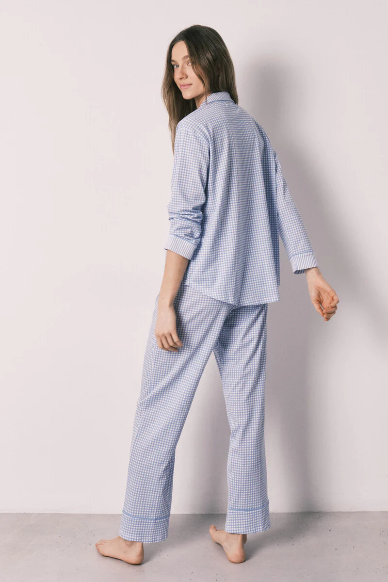Blue cotton classic long gingham print pyjamas - Image 5