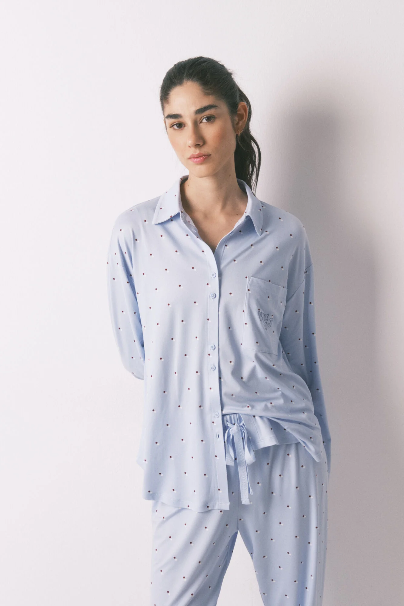 Blue long polka-dot print classic pyjamas - Image 4