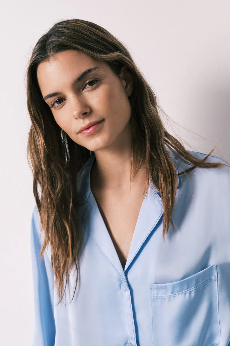 Blue satin classic long pyjamas - Image 2