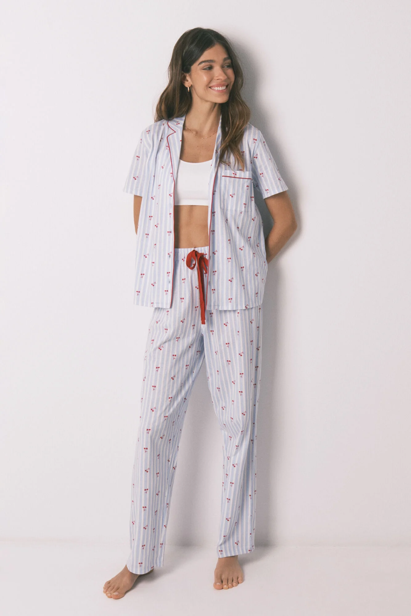 Cotton striped cherry print classic pyjamas