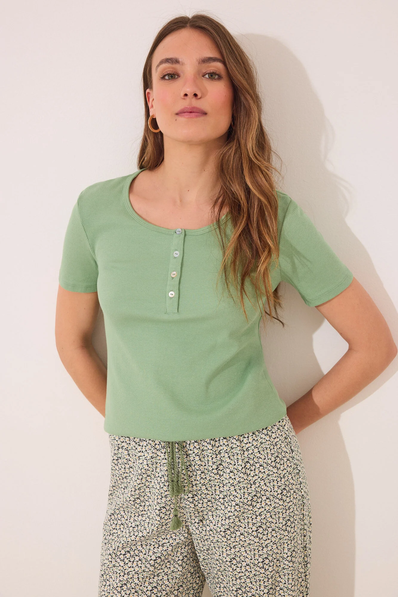 Long green ribbed cotton pajamas - Image 2