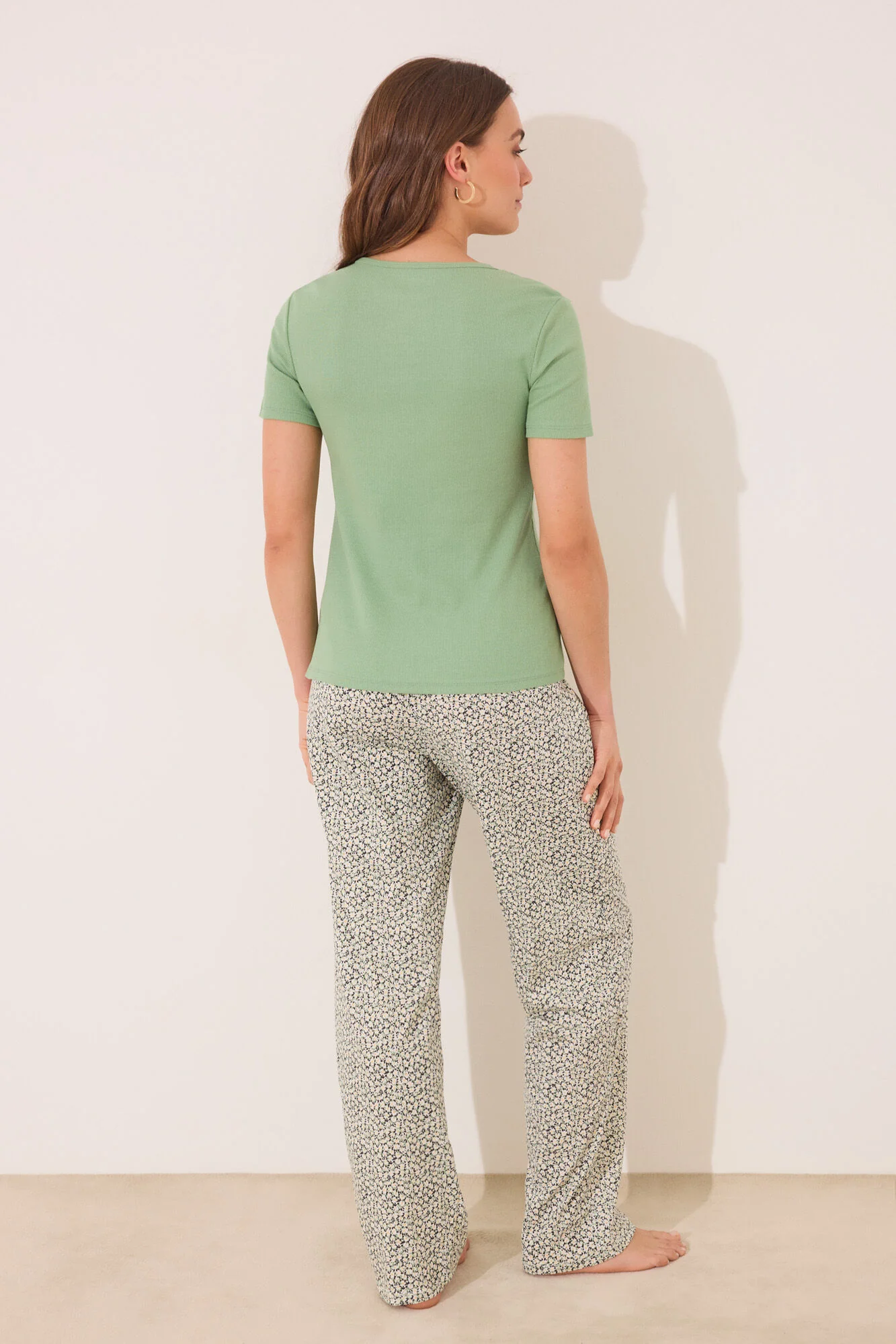 Long green ribbed cotton pajamas - Image 4
