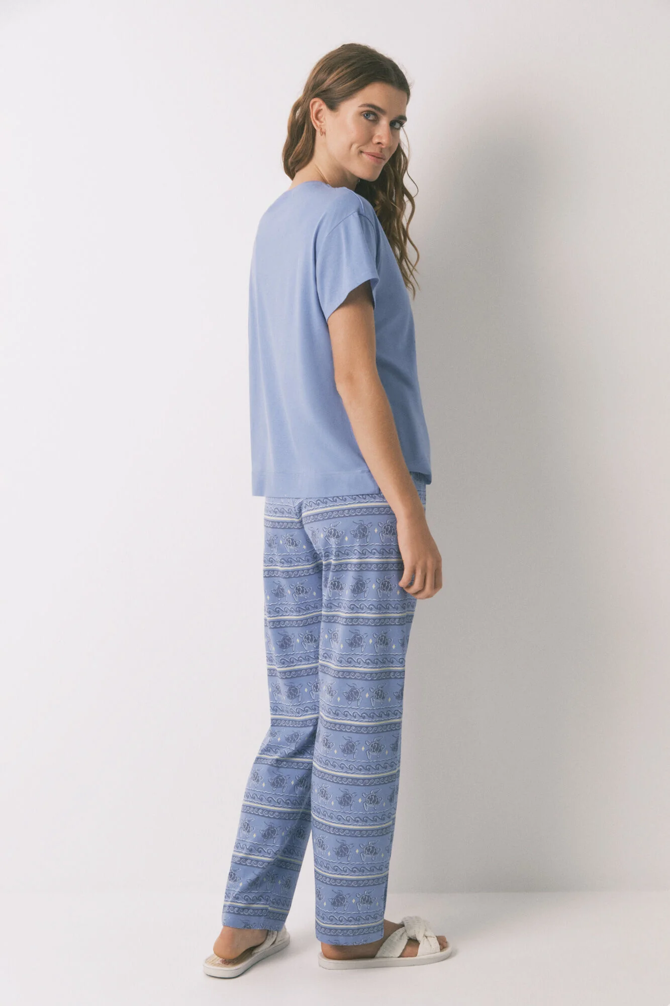 Long Snoopy short sleeve long pyjamas in blue cotton - Image 3