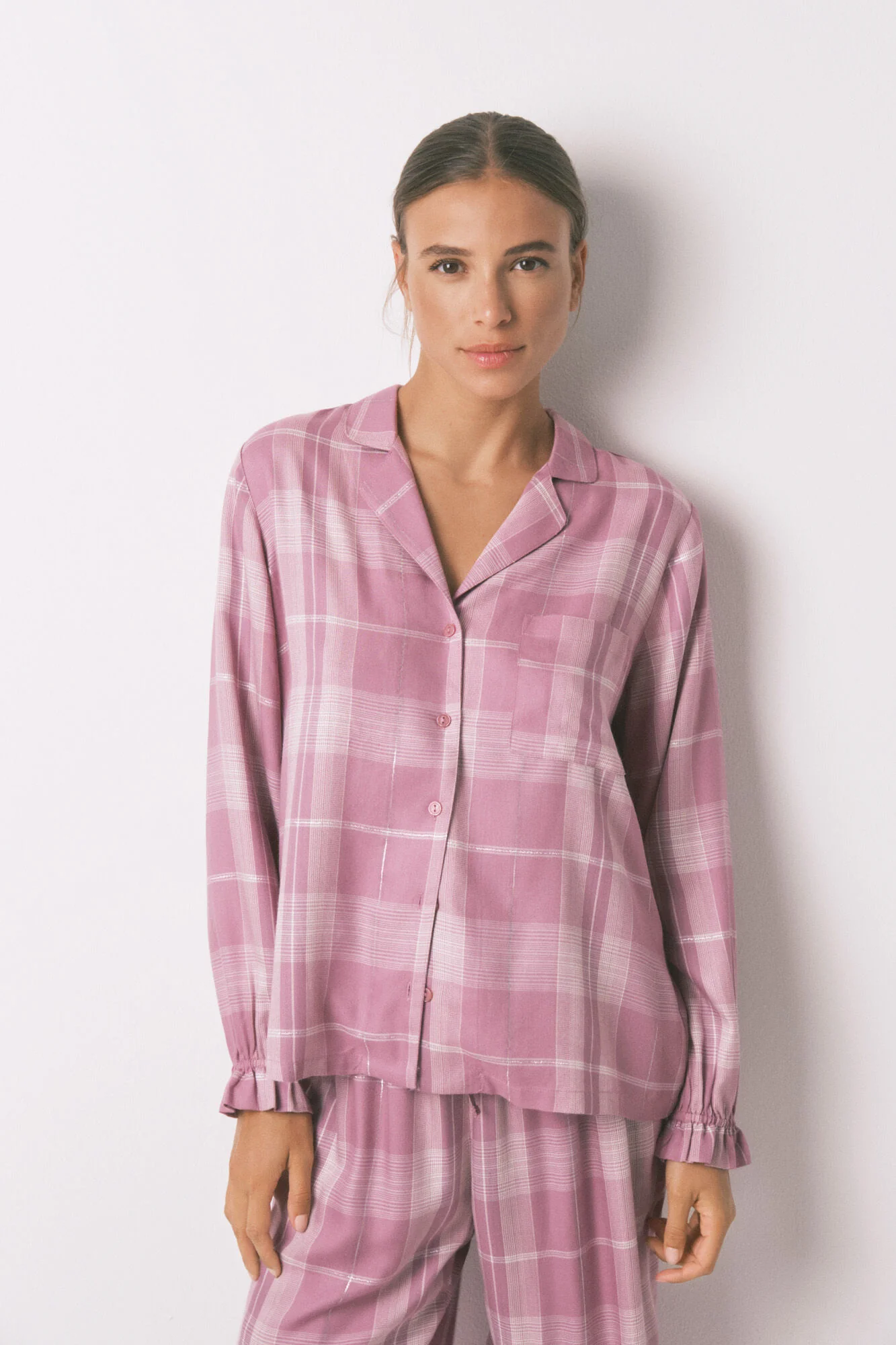 Pink checked viscose long classic pyjamas - Image 4