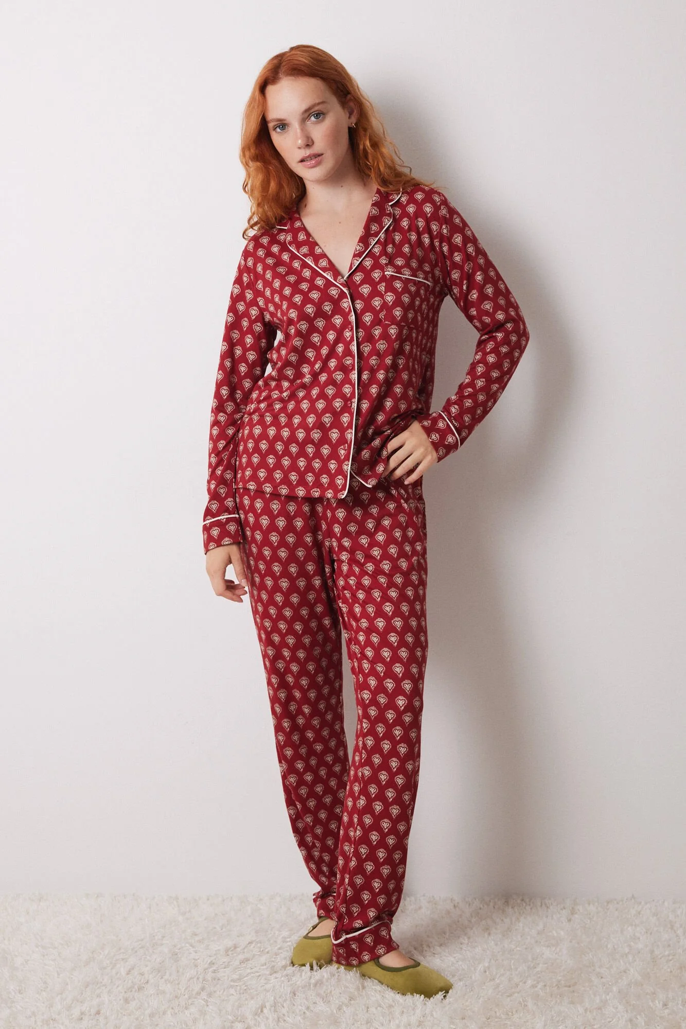 Red long shirt pajamas with hearts - Image 3