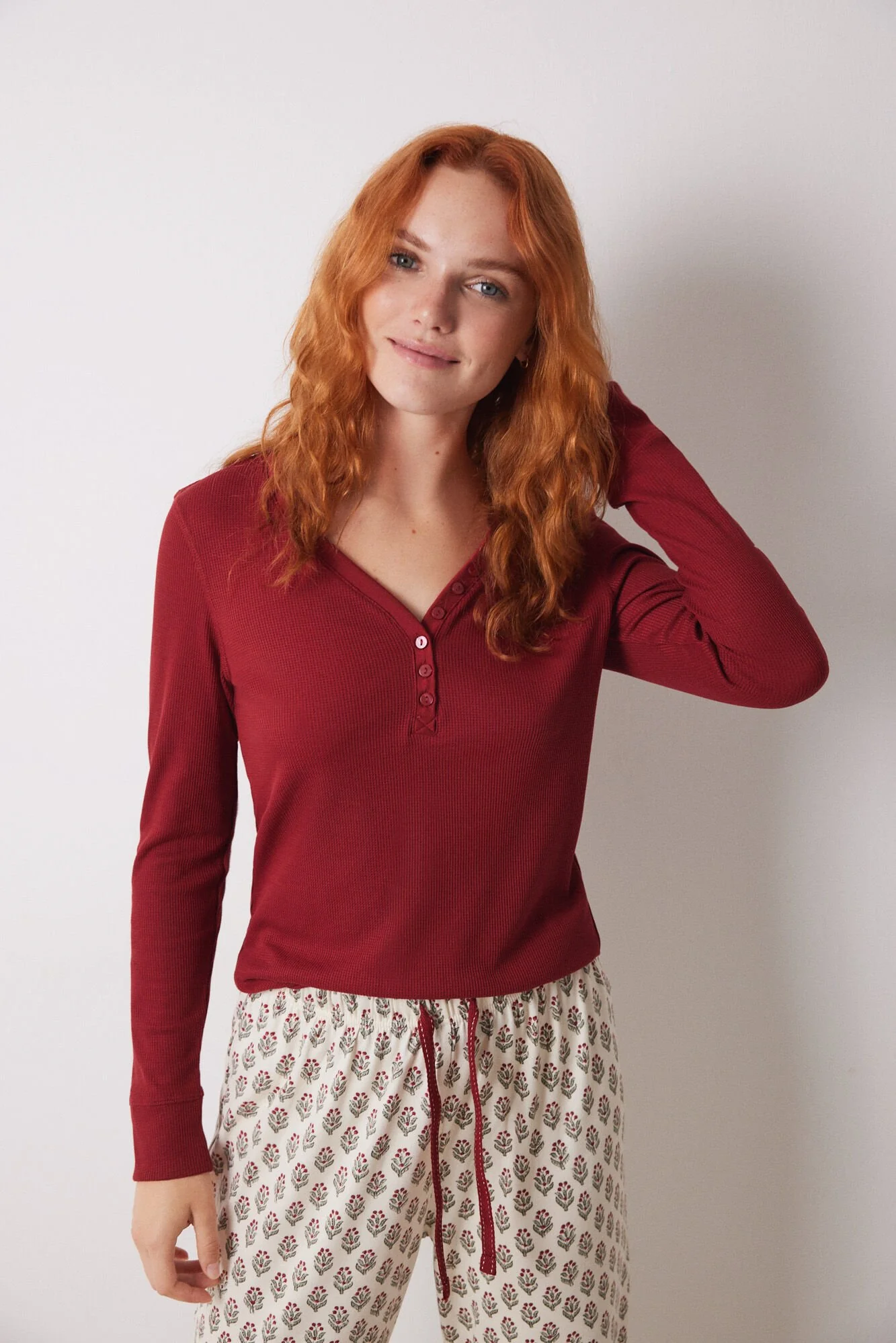 Red waffle fabric long sleeve -shirt - Image 5