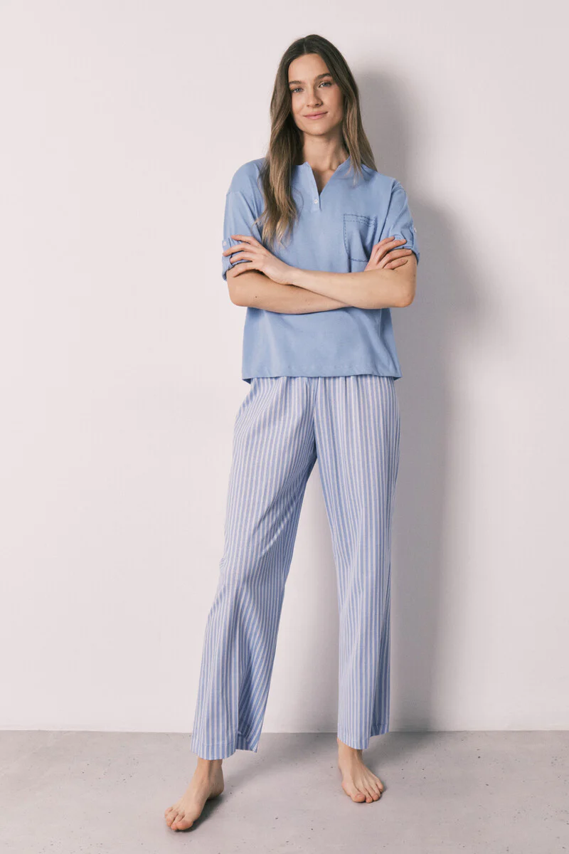 Short-sleeved cotton pajamas with blue striped pants - Image 2